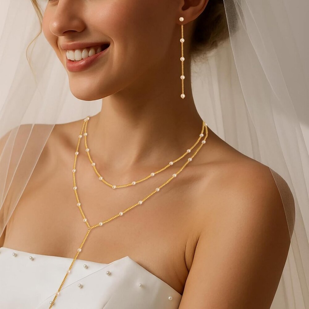 Gold Plated Jewelry Set for Women Pearl Necklace Earrings Bracelet Choker - Picture 3 of 7